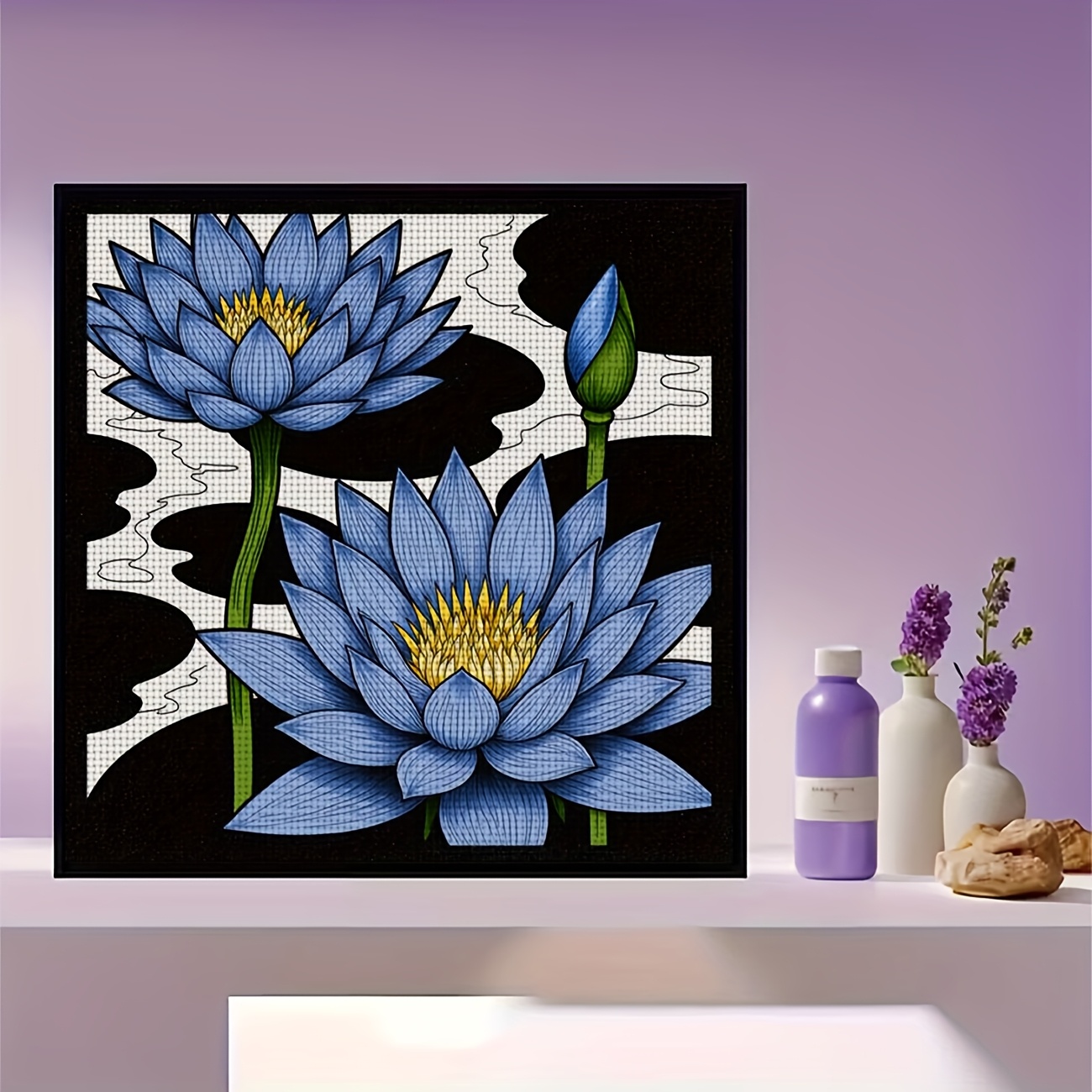 DIY Blue Lotus Flower Cross-Stitch Kit, Complete Set