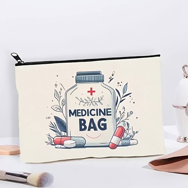 1pc Medicine Bag Travel Pouch - Lightweight, Foldable Cosmetic Organizer with Zipper Closure, Hand Washable, White with Herbal Design, Ideal for Medication and Toiletries Storage, Toiletry Travel Bag