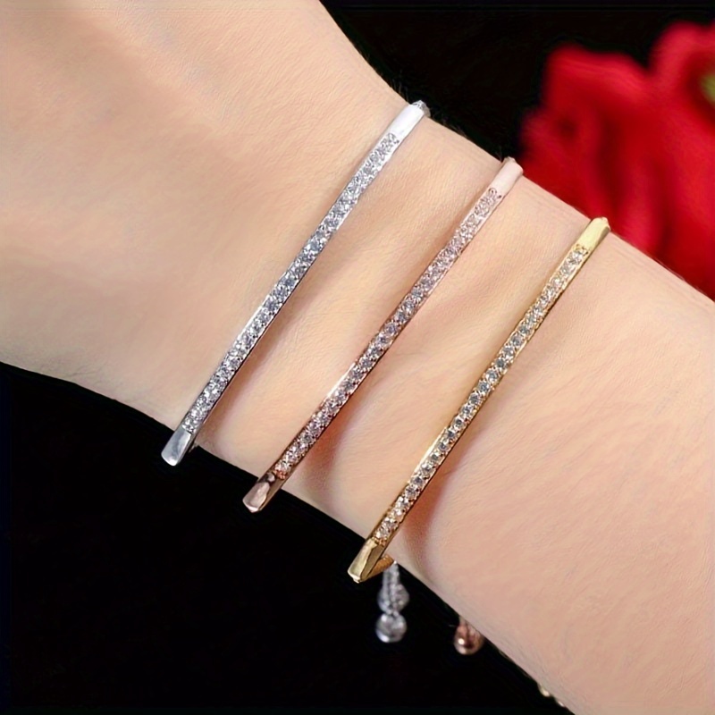 

3 Pcs Set Elegant Classic Women's Tennis Bracelet Set, Adjustable Slide Clasp Jewelry, Silver/rose Plated With Sparkling Rhinestones, Perfect For Everyday Wear And Gift Giving, Perfect Christmas Gift!