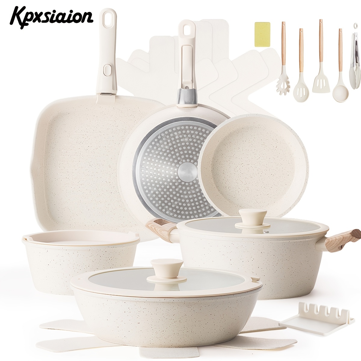 Image of Kpxsiaion 23pcs Pots And Pans Set, Ceramic Coating Cookware Set With Removable Handles, Induction Kitchen Cookware Sets Rv Cookware, Dishwasher/oven Safe Cream White