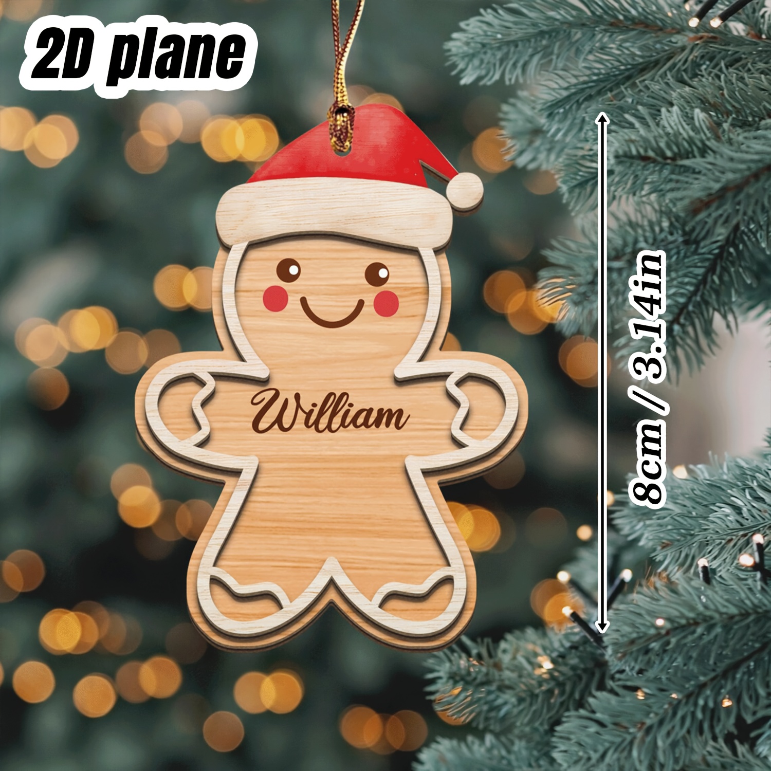 TEMU 1pc Personalized Christmas Hat Wooden Gingerbread For Man 2d Flat Decorative Pendant, Customizable Name, Suitable For Christmas Festive