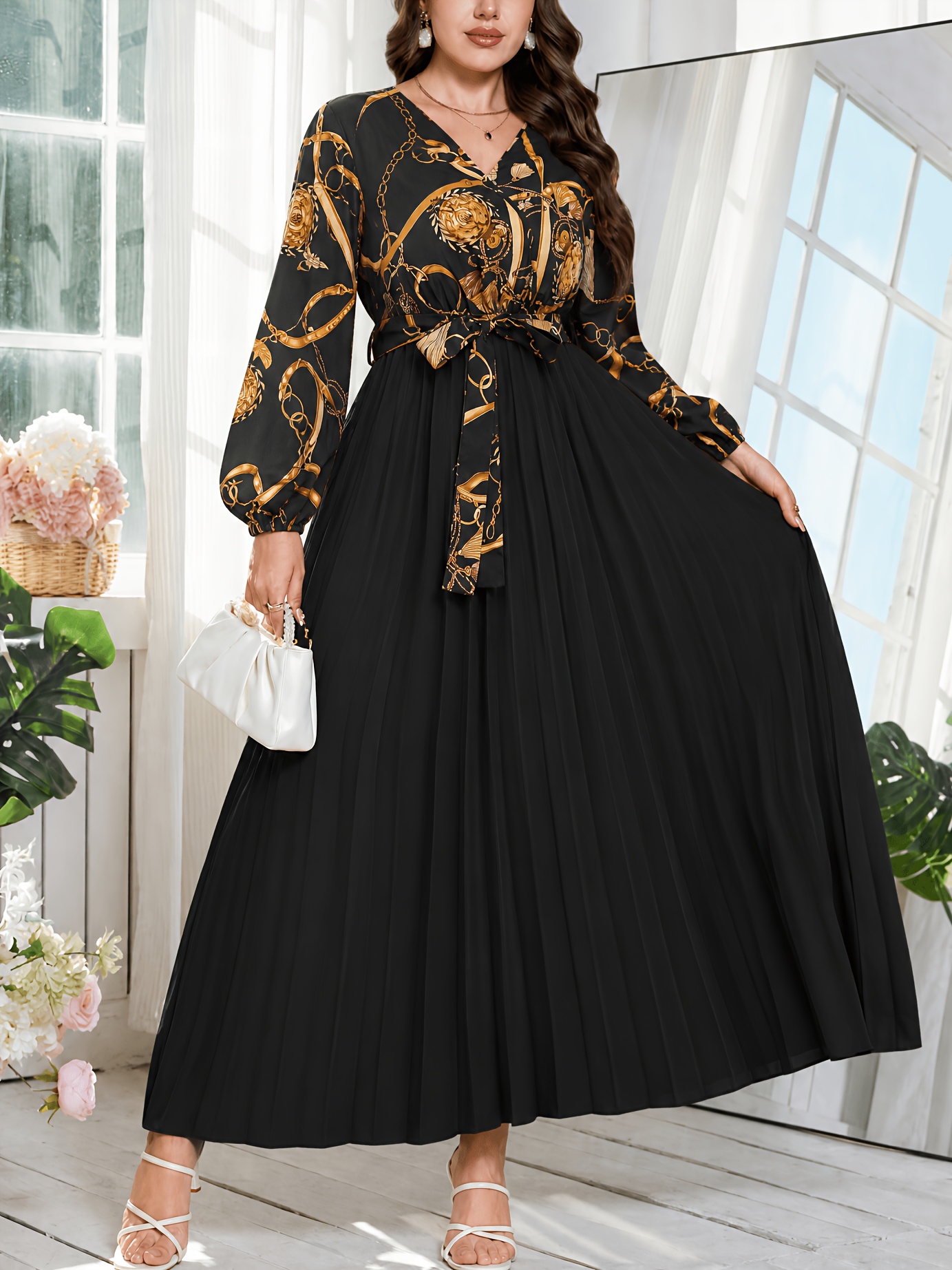 Plus Size, Women's Plus Size Middle Eastern Maxi Dress - Crossover V-Neck Pleated Dress Suitable for Weddings, Parties & Formal Events