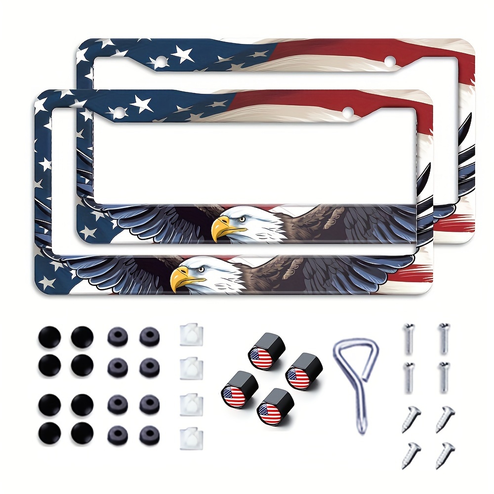 TEMU 2pcs Flag & Eagle Aluminum License Plate Holder, Accessories, Installation Tools, 4p Valve Caps, Suitable For All Kinds Of Car Decoration