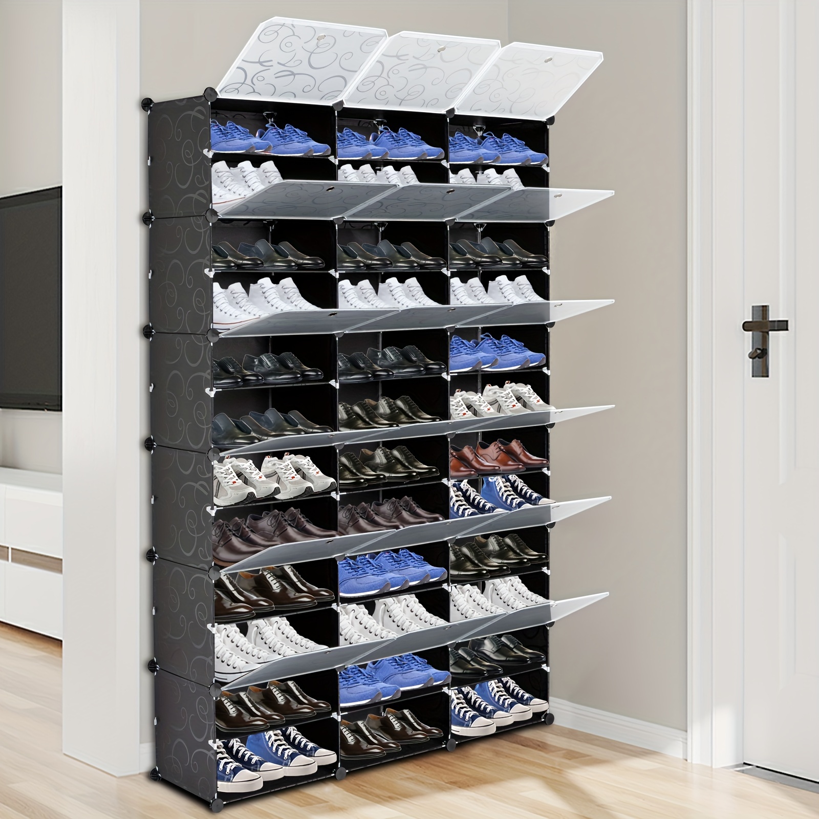 12 Tier Portable 72 Pair Shoe Rack Organizer 36 Grids Tower Shelf Storage Cabinet Stand for Heels Boots Slippers Black