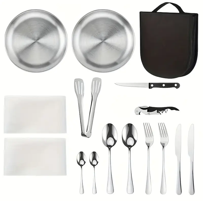 outdoor camping tableware set with box 16pcs stainless steel utensils including dinner knife forks plates soup spoon bottle opener coffee spoon tongs and storage bag reusable and dishwasher safe suitable for outdoor travel picnic camping party meals etc Product details 6