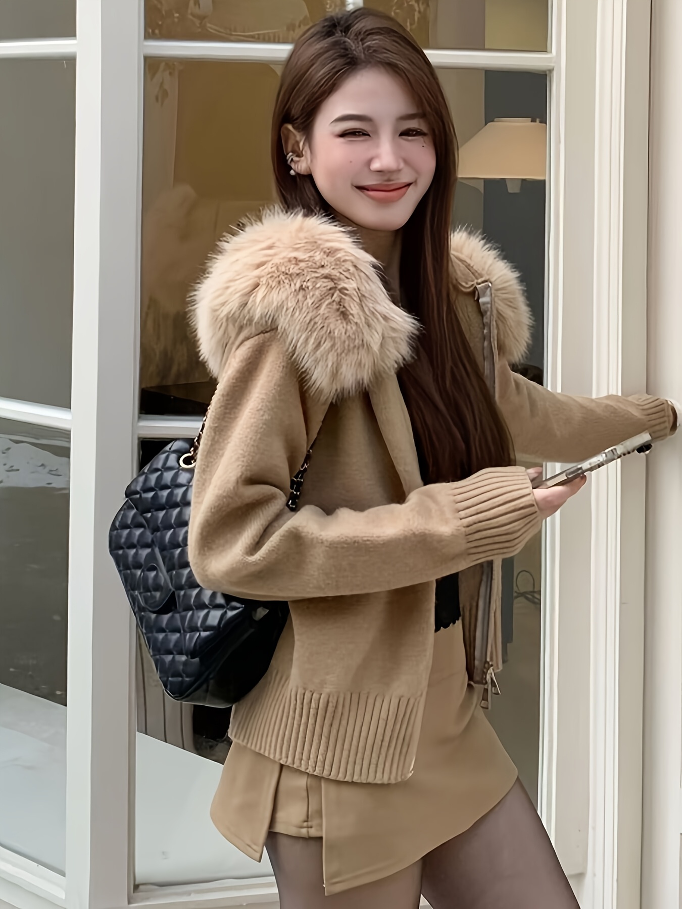 Women S Elegant Hooded Zip-Up Cardigan with   Fur Trim - Cozy Fall/Winter Jacket, Beige, Long Sleeve, Button- , Casual & Formal Wear,   Layering or   Outfits, Winter Cardigan, Beautiful/nice Sweater For Women, Hooded Cardigan, Fur Hooded Zip-up, Winter/coat For Women