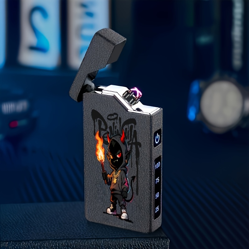 1pc Creative Trendy Usb-c Rechargeable Electronic Lighter With Power Display, Windproof, Silent, Electronic Lighter, Featuring A Holding A Torch Print