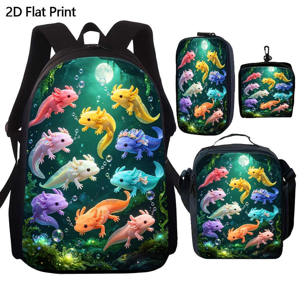 TEMU 4pcs Backpack Set, Cute Colorful Axolotl Underwater Magical Scenery Print, 2d Flat, Backpack And Crossbody Bag And Pencil Case And Coin Pouch