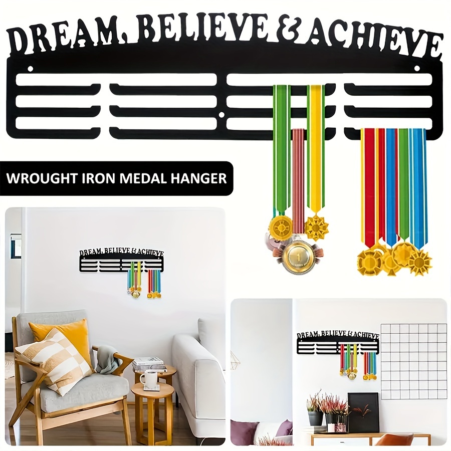 

1pc, Dream, Believe & Achieve" Metal Medal Display Rack, Decorative Art Style Holder For Sports Medals, Wall Mounted Easy Install, Medal Hook For Athletes And Competitions