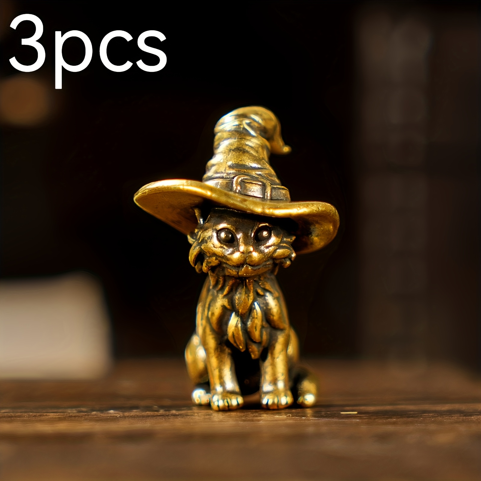TEMU 3pcs Vintage Brass Cat Figurines - With Wizard Hat, Decor, Tabletop Accessory & Collectible Art, Suitable For Office Or Scene Setting, No Power