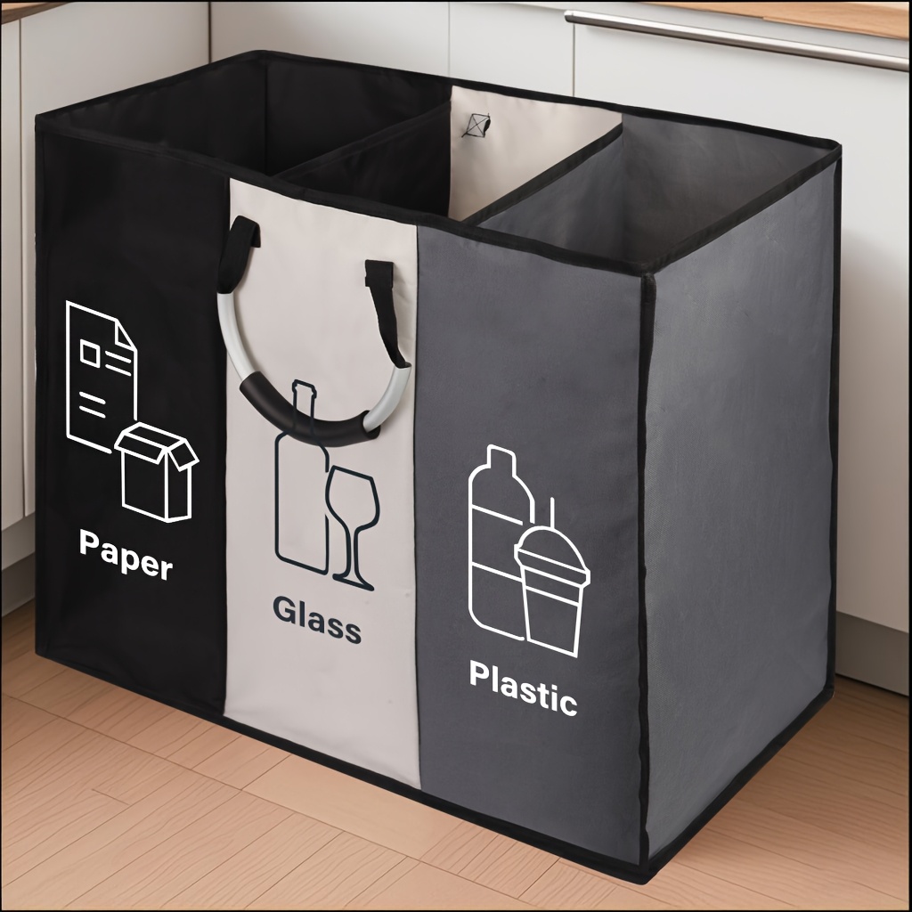 26 gallon large capacity collapsible kitchen recycling bin with aluminum handles with glass plastic and metal bottle separator durable fabric storage bin for home and office kitchen storage cabinet bottle organizer stylish storage box