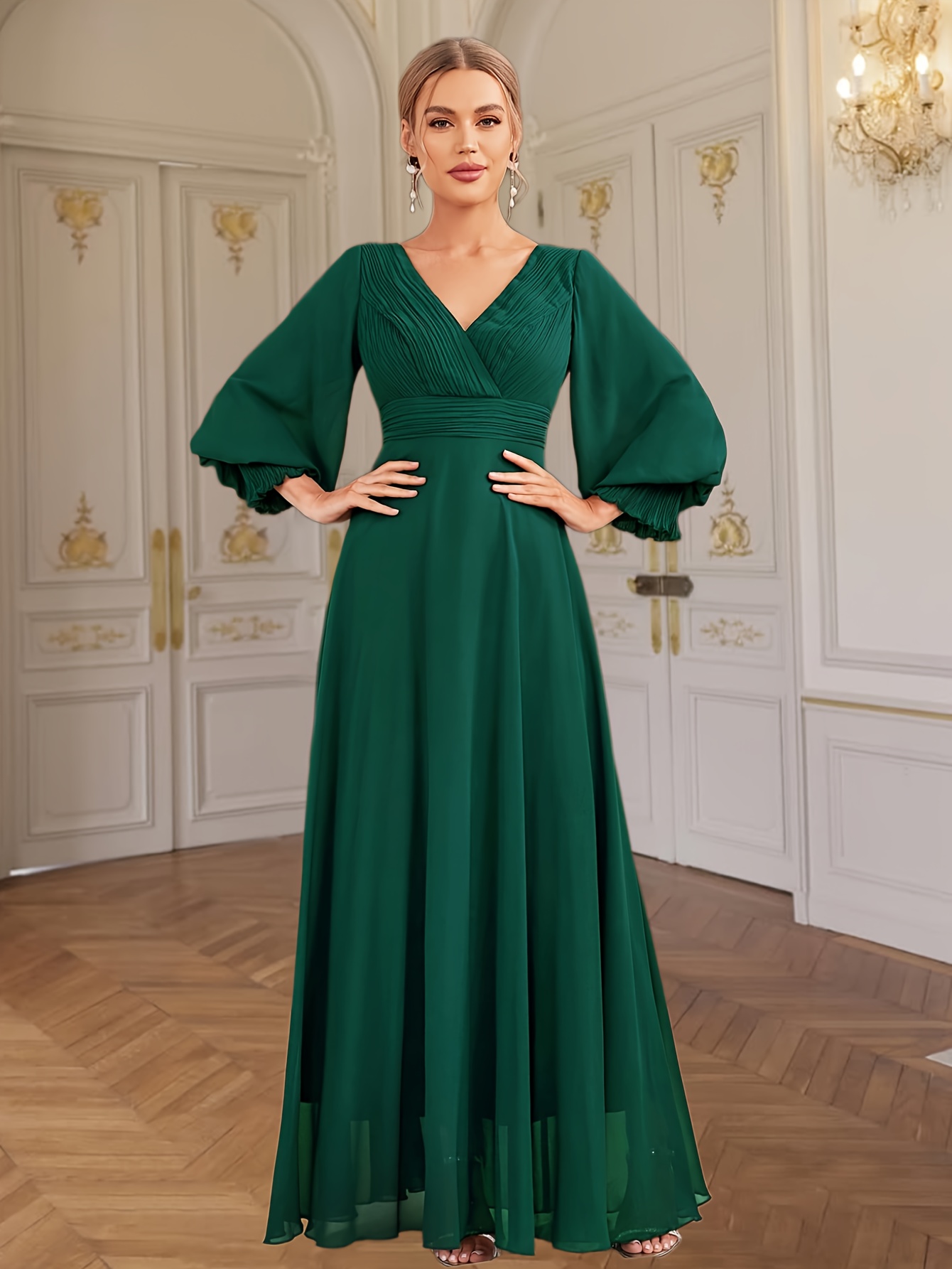 Elegant Green Chiffon Bridesmaid Dress with V-Neck, Lantern Sleeves, and  Mermaid Hem Sleeveless A-Line Dress for Weddings and Formal Event