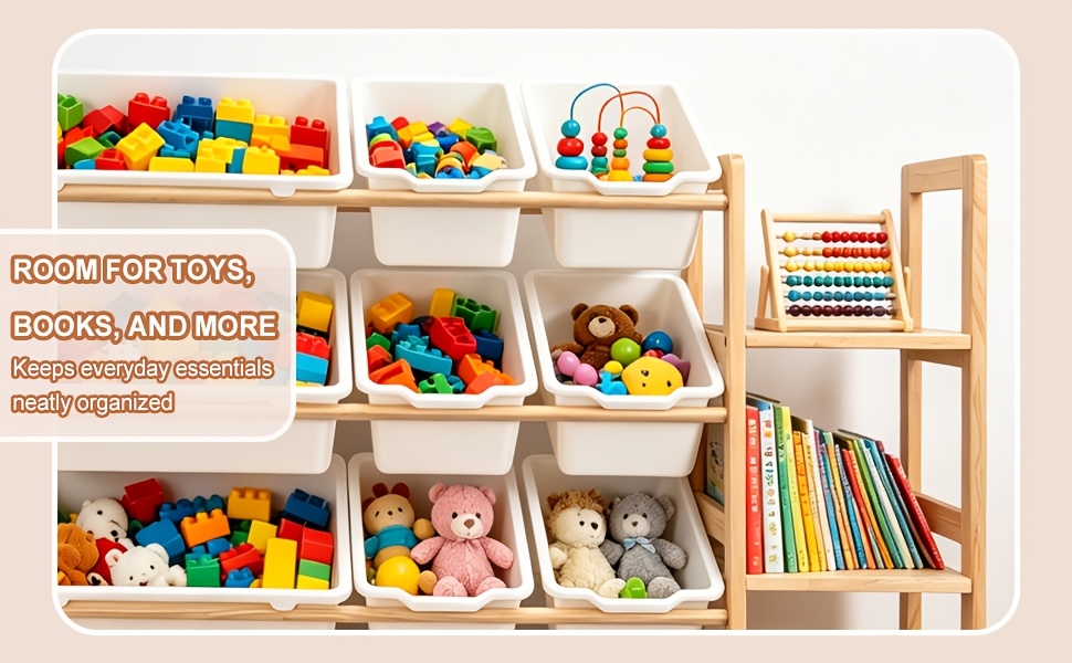 Storage Organizer with 6 Shelves And 12 Bins, 52.3 Inch Wide Kids Bookshelf And Organizer, Wooden Bookcase with Storage Bins for Playroom, Bedroom, Nursery And Room Decor