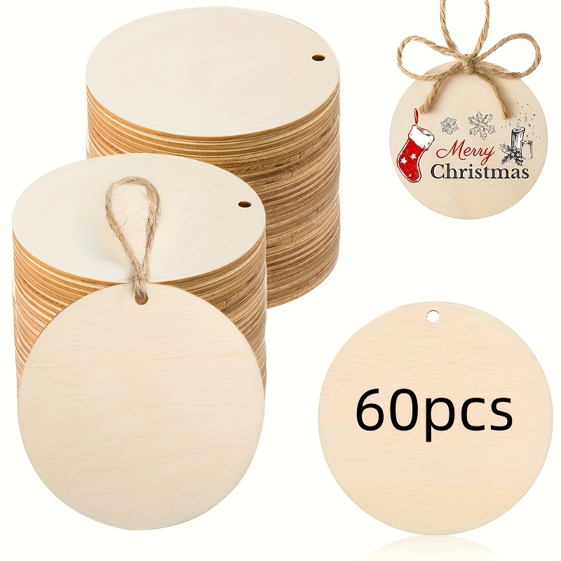 Image of 60pcs Of 3-inch Wooden Tags, Round Wooden Rings With Holes For Decoration, Holiday Decor, Christmas Decoration