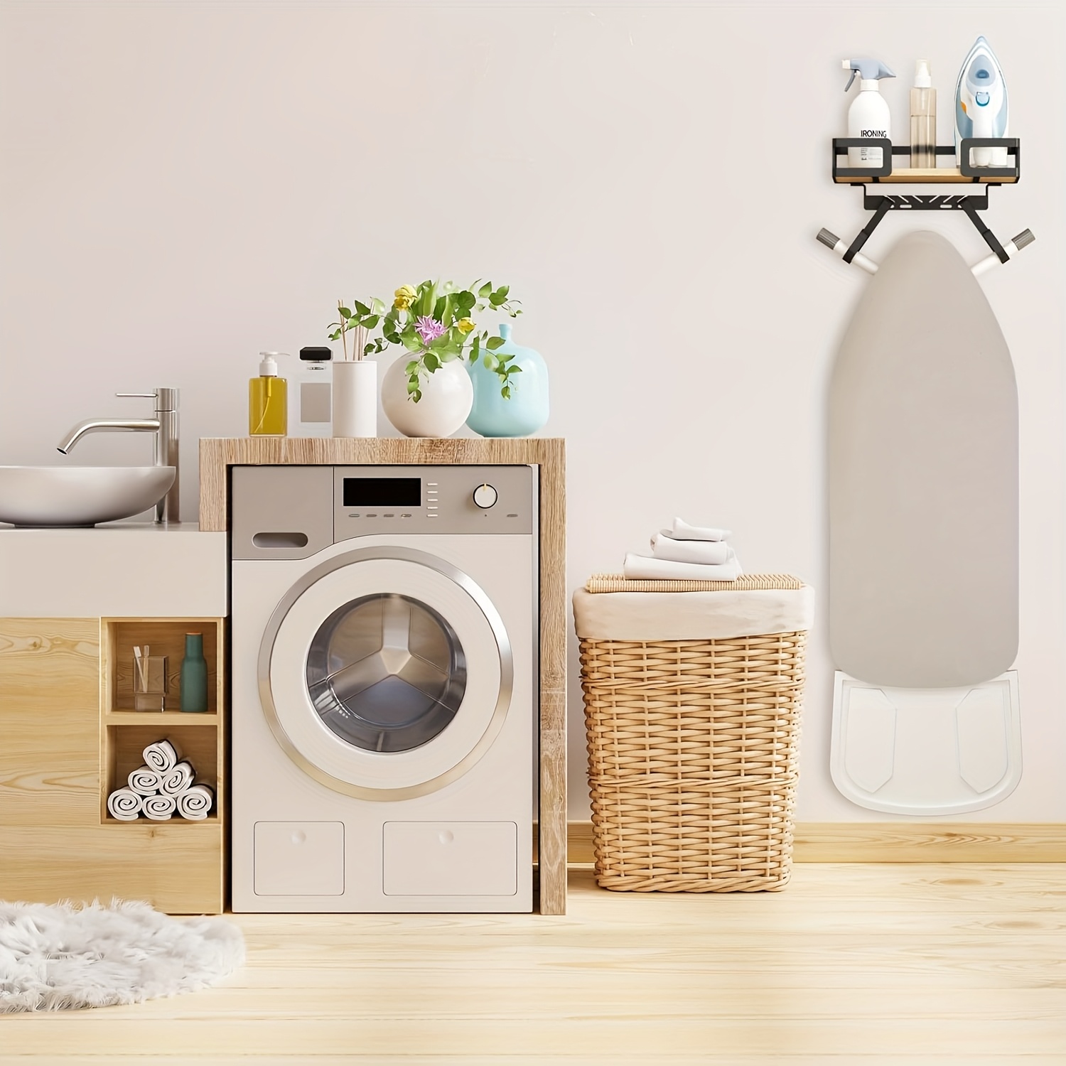 Wall-Mounted Ironing Board Hanger Clothes Rack with Adjustable Angle  Hooks, Wood Base Basket Shelf Space-Saving Storage Organizer for Laundry 