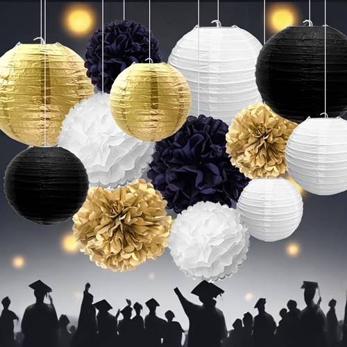 1set 13pcs black contrast paper lantern paper flower ball set graduation ceremony classroom stage background decoration graduation season party decoration