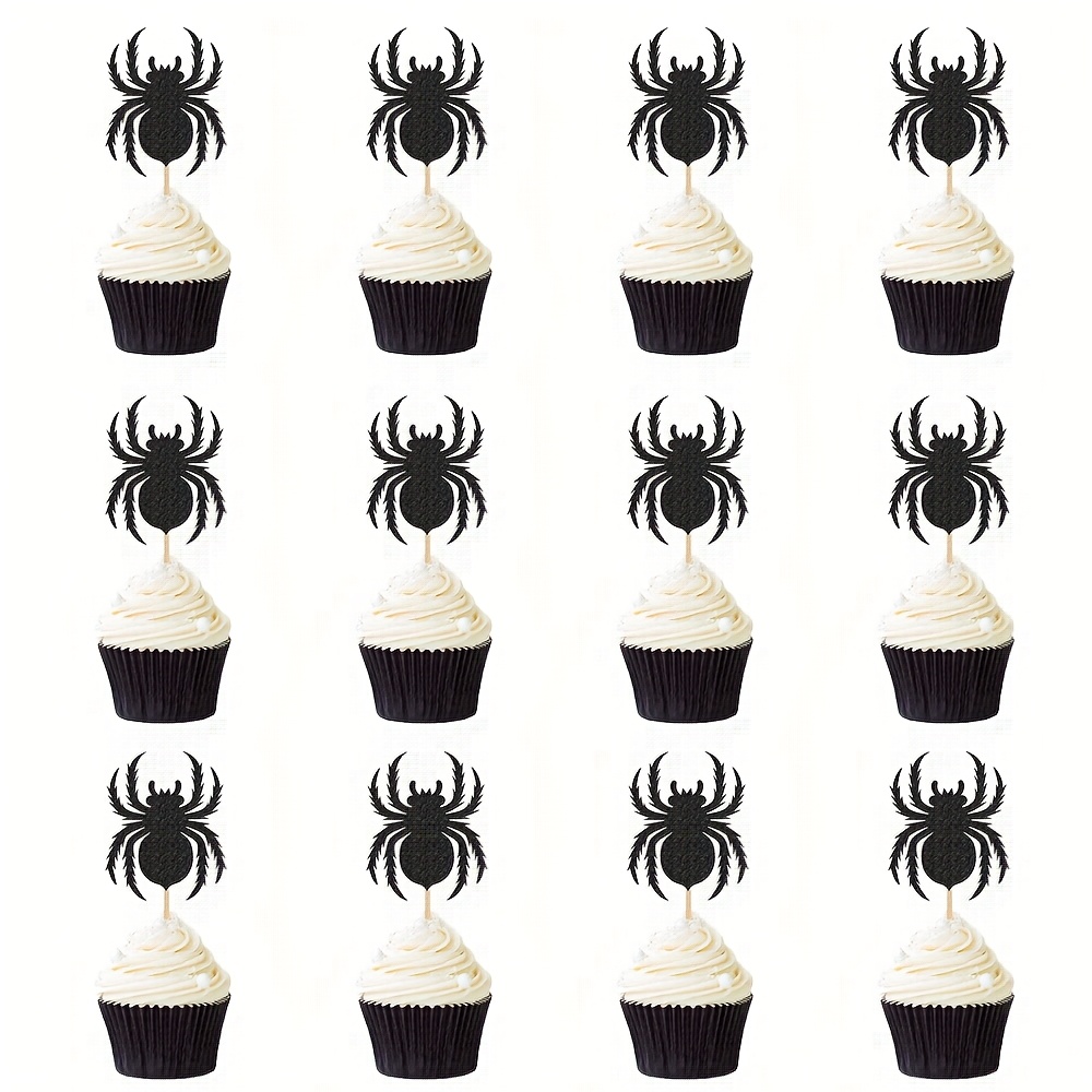 TEMU 12pcs Cupcake Toppers Black Glitter Halloween Cake Decorations For Halloween Birthday Party Cake Decoration Supplies