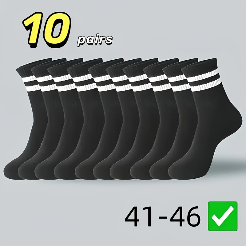 E-shop Unisex 10 Paar gestreifte weiße wadenhohe Socken – Atmungsaktive bequeme Unisex-Sportsocken mit Seitenstreifen, Herren-US-Größen 41-46 /