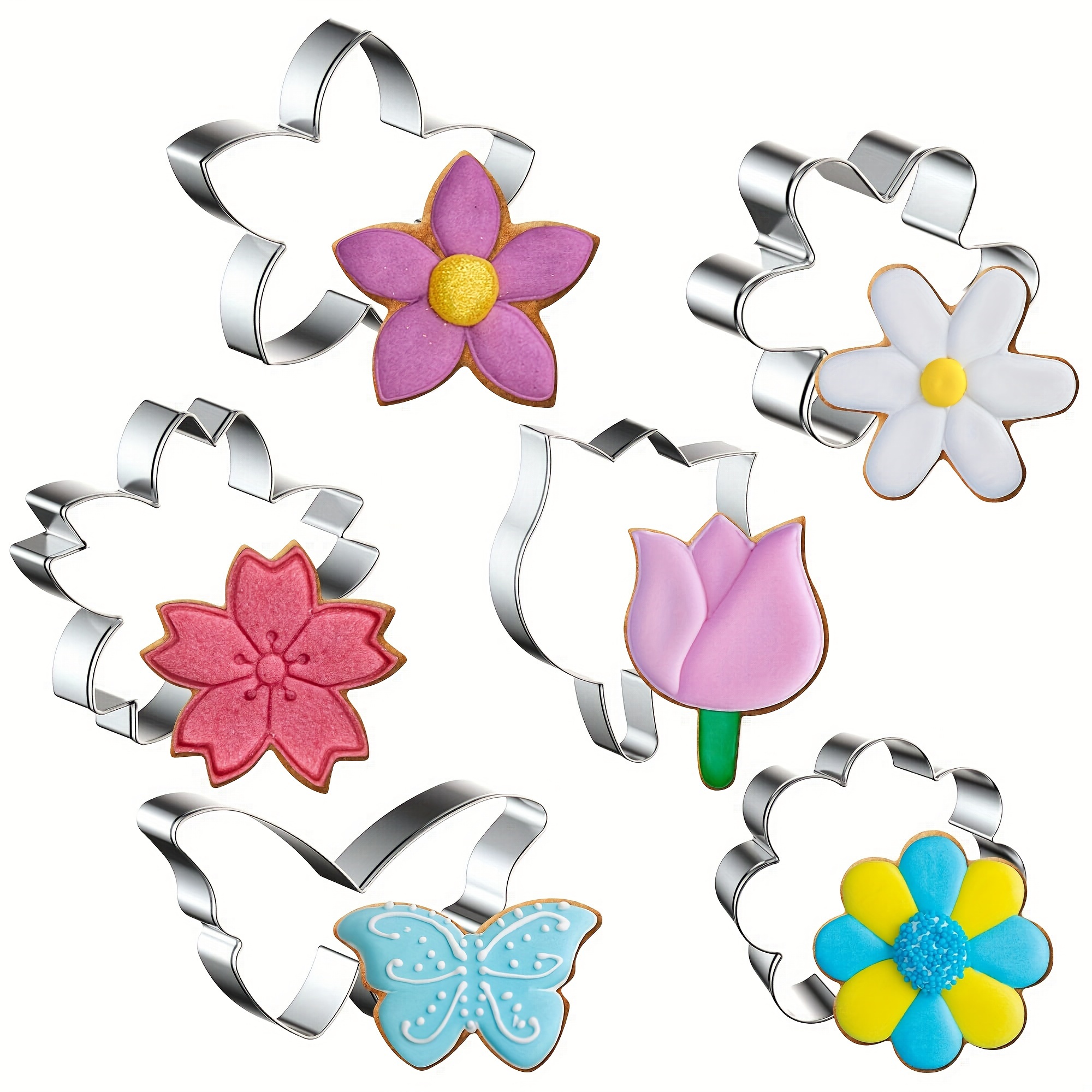 E-shop 6-teiliges Blumen-Ausstechformen-Set, Blumenförmige Ausstechformen - Gänseblümchen, , 3 Formen, Schmetterling, Edelstahl-Ausstechformen,