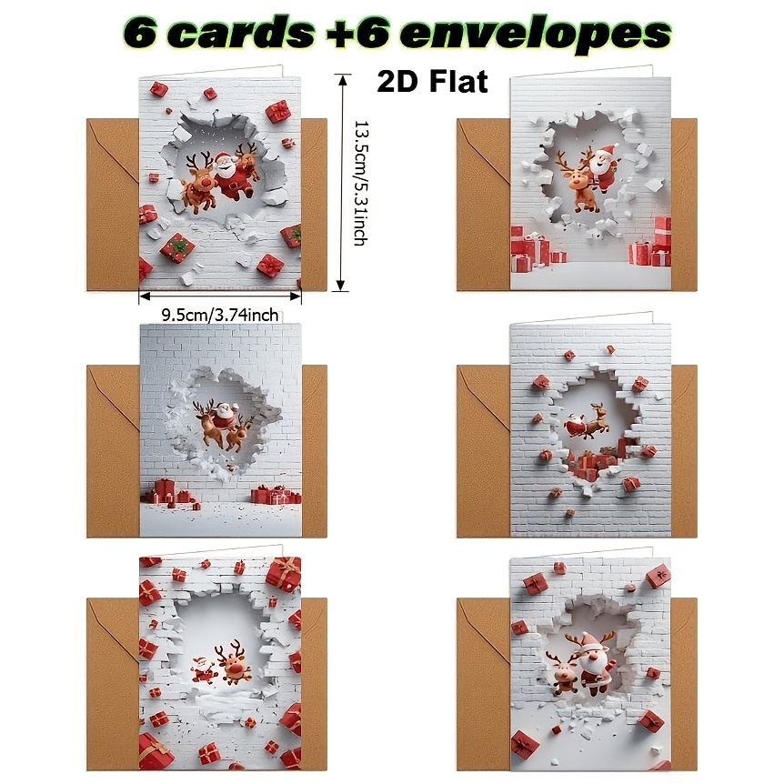 TEMU 2d Flat 12pcs Christmas Wall Hole Greeting Cards (6 Cards) With Envelopes (6pcs), 2d Flat (2d Feature), Message Cards, Funny Christmas Cards,