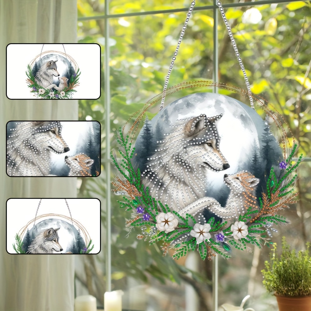 

Wolf & Cub Acrylic Diamond Painting Kit - Animal Theme, Hanging Double-sided Print, Irregular Shaped Drills, Diy Craft Home Decor With Floral Wreath Design - 9.84" Diameter