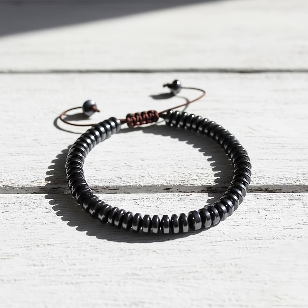 Unisex Natural Hematite Beads Bracelet, Adjustable Gift