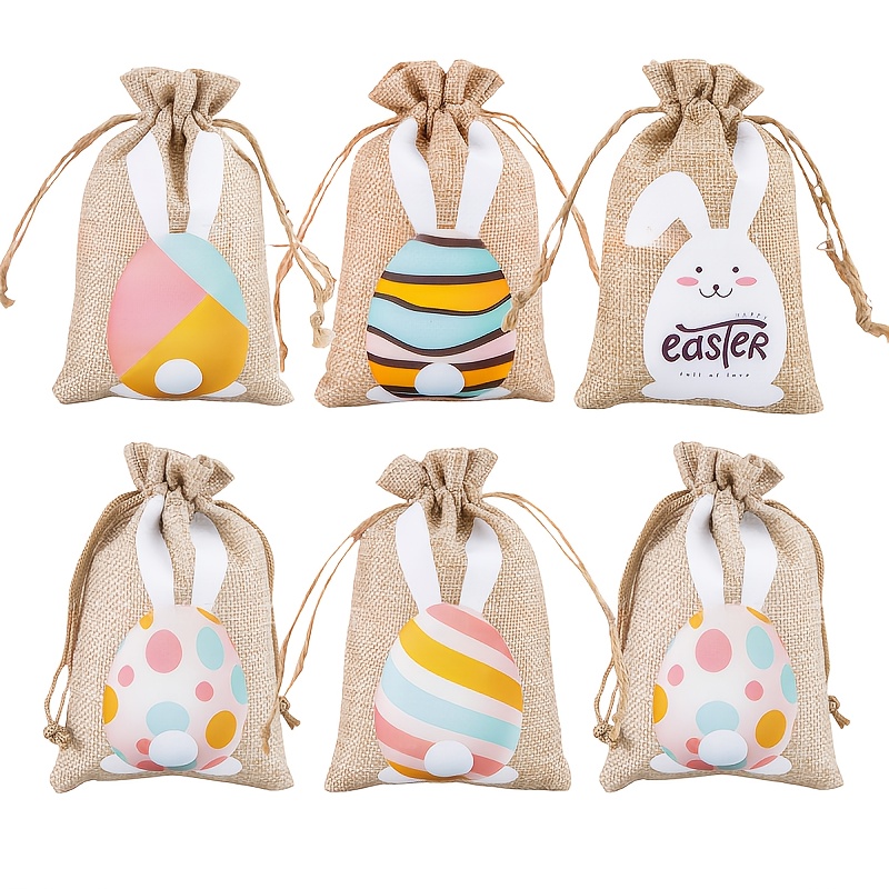 

12pcs Easter Linen Candy Bags, Handmade Canvas Gift Packaging For Party Favors, Birthday, New Year - Polyester Burlap Bunch Bags With Animal Print, Cookie Packaging, Basket Filler, Small Gift