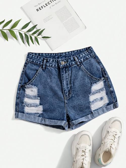 womens high waist distressed denim shorts loose fit button closure casual streetwear blue washed jeans with ripped details spring waisted shorts