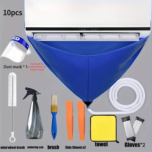 imagen del artículo de 10 piezas de de limpieza para aire acondicionado con bolsa de agua para ca de pared, para el hogar, máscara antipolvo, cepillo, raspador lateral y toalla - recogedor de desechos de plástico para unidades de ca central, para de hvac en verano