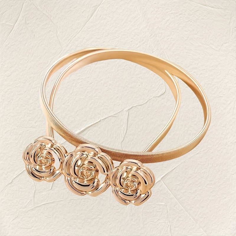 TEMU A Women's Fashionable, , Elegant, And Versatile Rose-patterned Elastic Stretch Belt For Dresses, Skirts, And Blazers, Suitable For Casual And