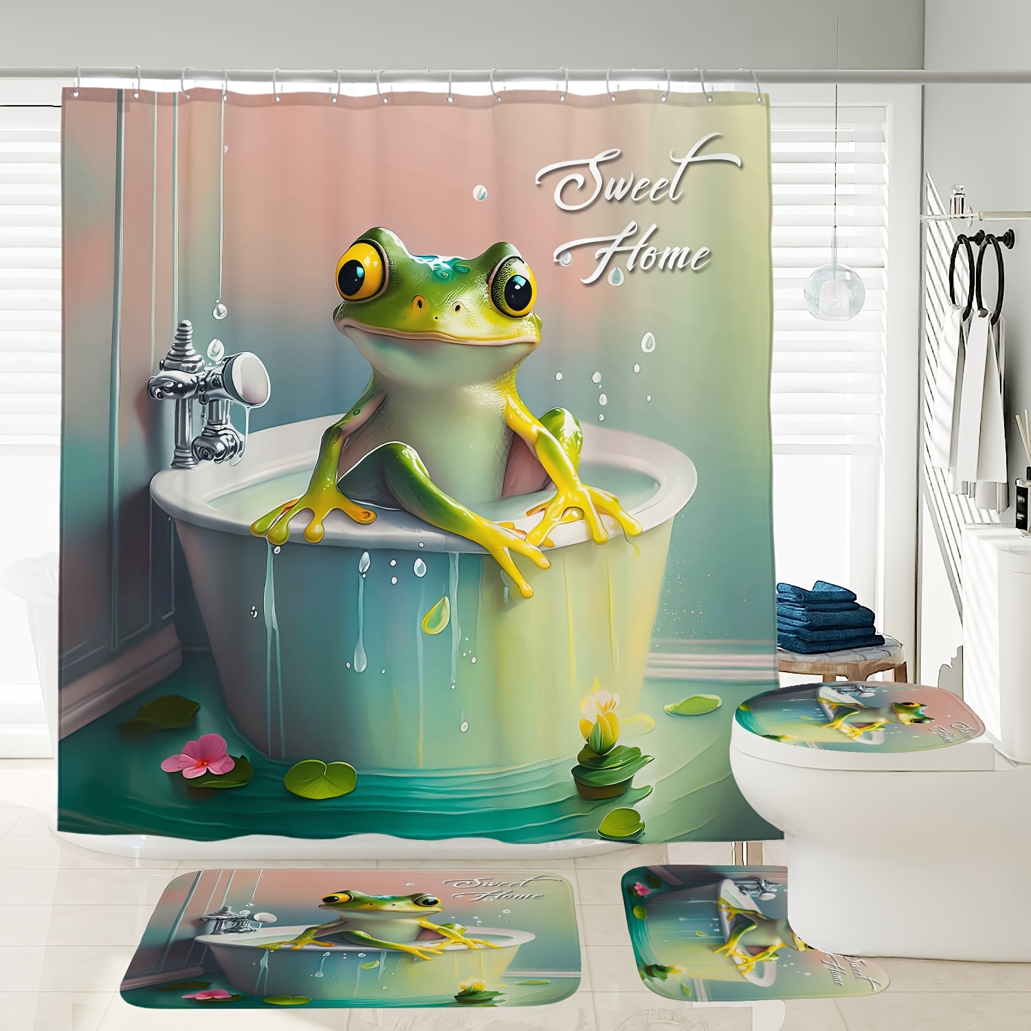 

1/3/4pcs Bathing Frog Pattern Digital Printed Waterproof Shower Curtain Toilet Seat Bath Mat Set, With 12 Plastic Hooks, 72 Inches X 72 Inches