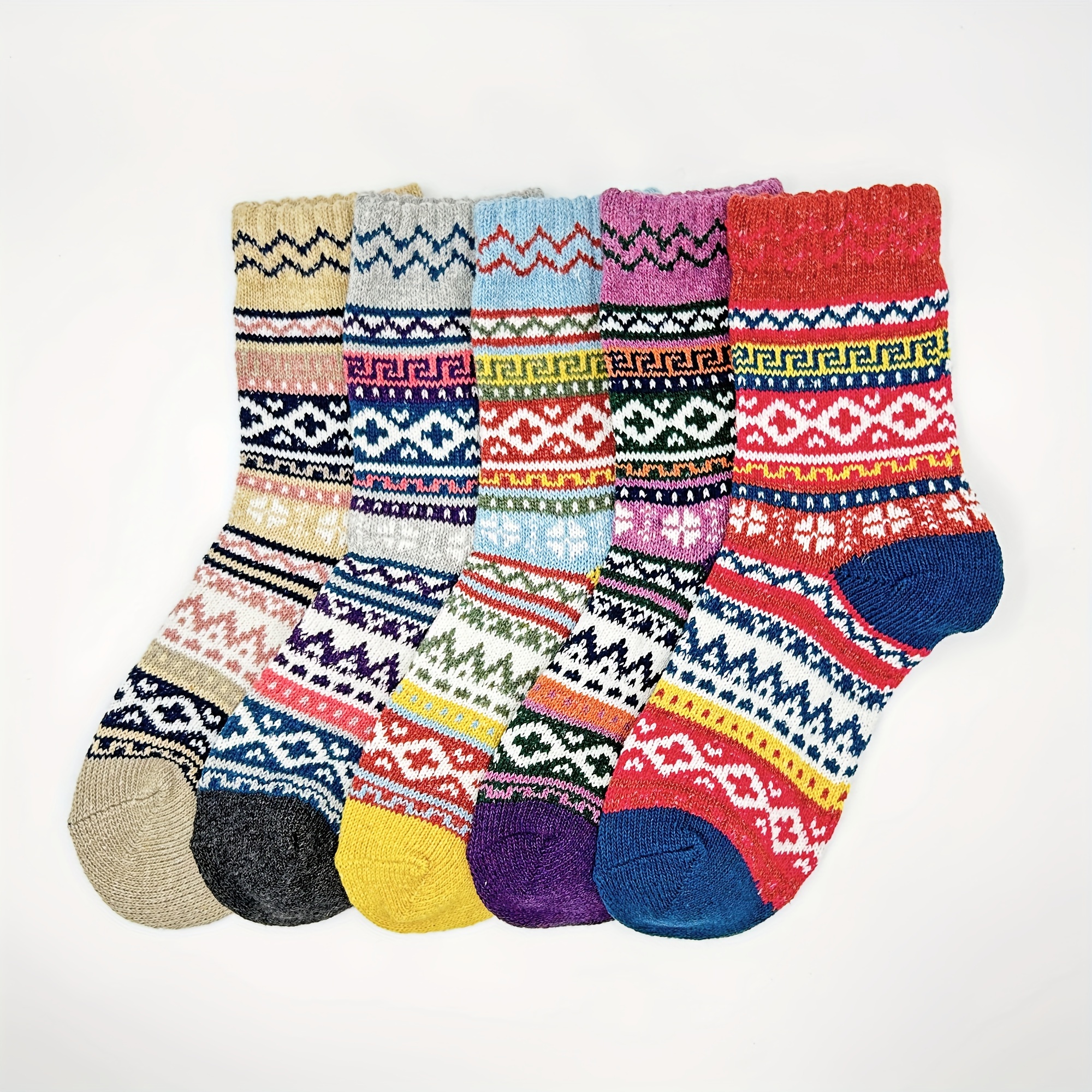 

Festive 5-pair Set: Classic Colored Checkered Woolen Socks For Women - Soft, Thick, And Versatile For Casual Wear