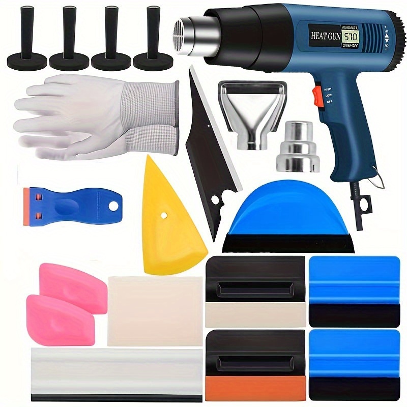 TEMU A Set Of Tools For Applying Window Tint And Vinyl Wrap, Including A Heat Gun, Felt Squeegee, Razor Scraper, Vinyl Magnet Holder, And Working Gloves