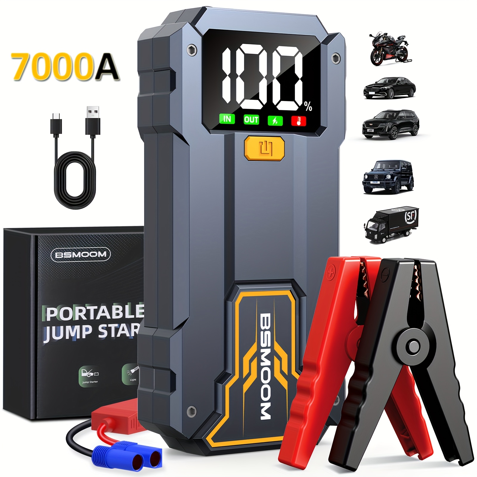 

7000a Car Jump With Led Flashlight, Large Lcd Screen, 12v Car Emergency Battery , Jump Box, Portable Charger Power Bank