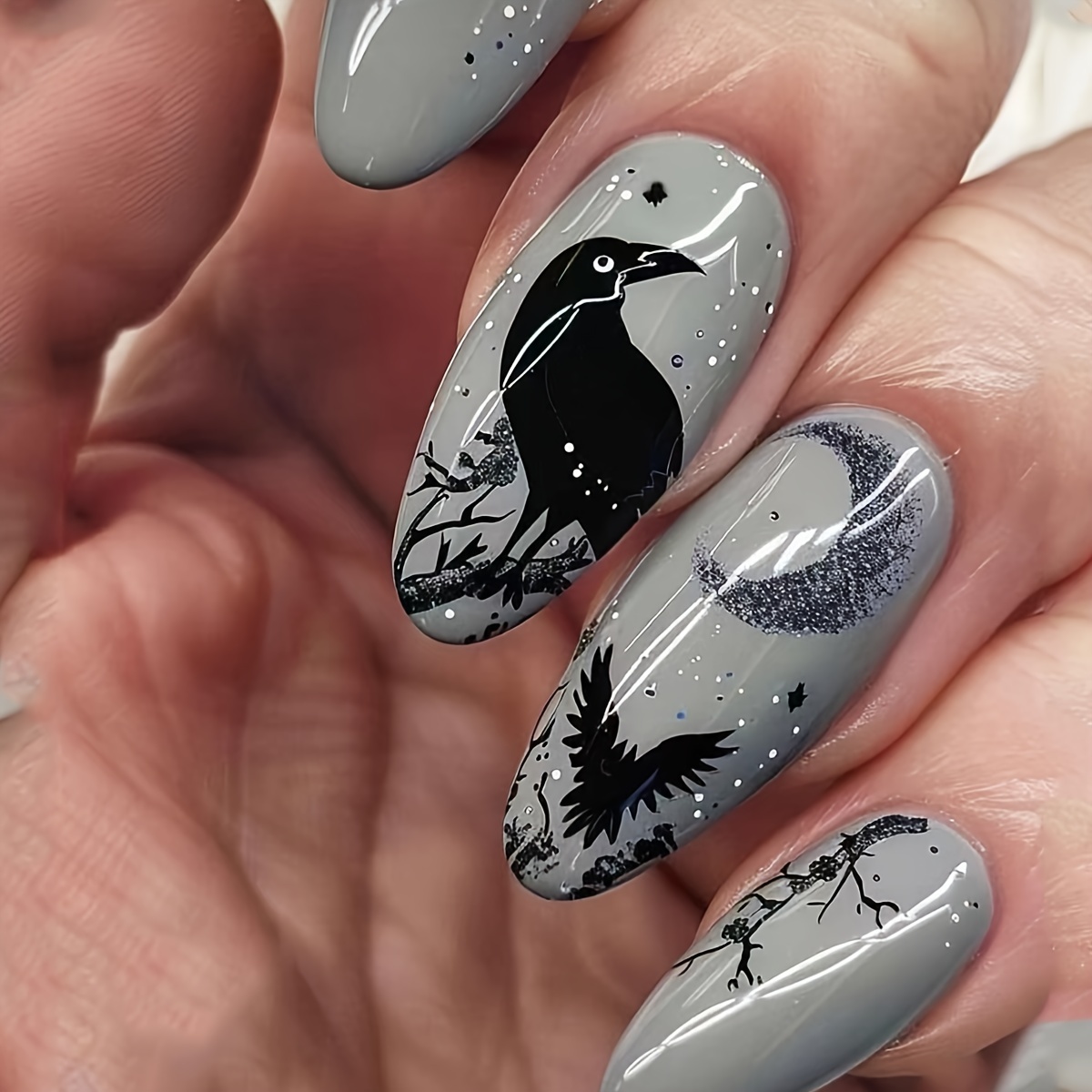 

Black Silhouette Animal Pattern -shaped Press-on Nails, Middle Length, , Removable 24 Piece Nail Set