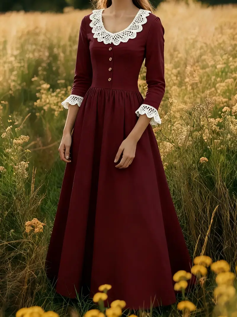 *ge-* Dress with White Lace Trim - Long Sleeve, Peplum Neck, Flowy A-Line Silhouette * Adult Women * Wear * *ge-* Dress with White Lace Trim - Long Sleeve, Peplum Neck, Flowy A-Line Silhouette * Adult Women * Wear *