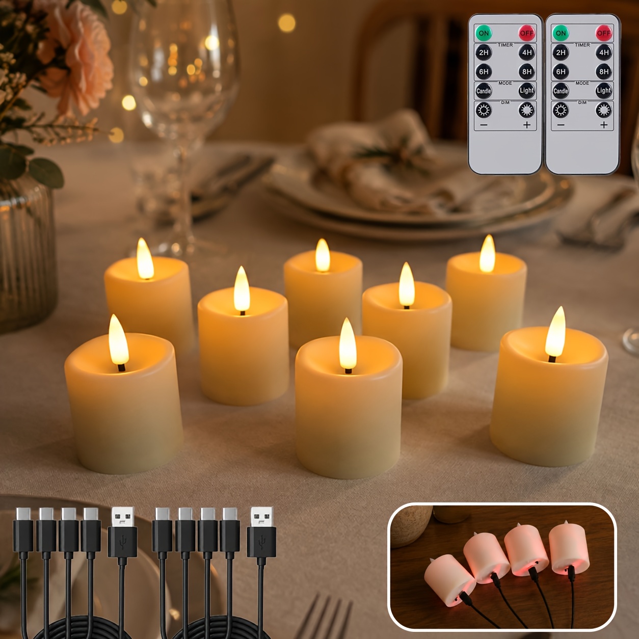 Image of 8pcs Rechargeable Flameless Tea Light Candles With Remote & Timer - Electric Flickering Votive Candles Suitable For Wedding, Funeral, Halloween, Christmas Decor, Plug-and-play Table Centerpieces For