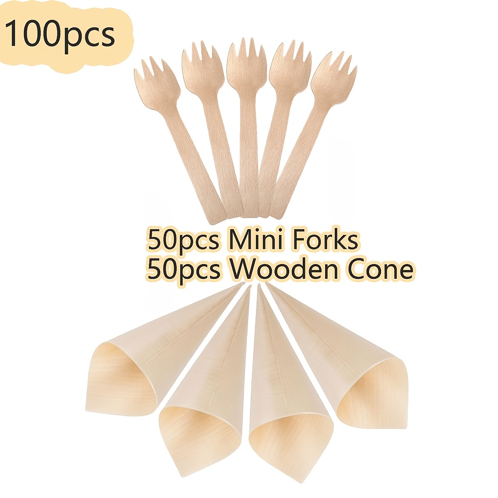 Image of 100pcs Disposable Pine Cones Wooden Mini Food Cone Holders 5in/6in/7in Wooden Appetizer And Cones, 4in Mini Disposable Forks And Spoons, Dessert Forks For Home Parties Or Catering Events