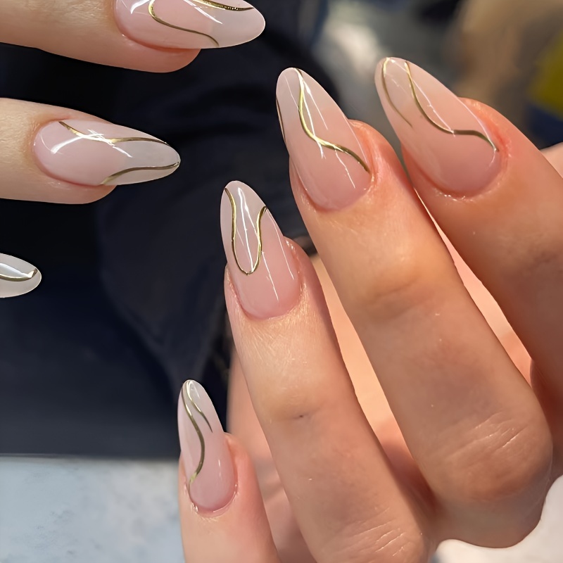 With 24pcs Short Almond Golden Striped Full Cover Fake Nail Stickers Set For Women & S