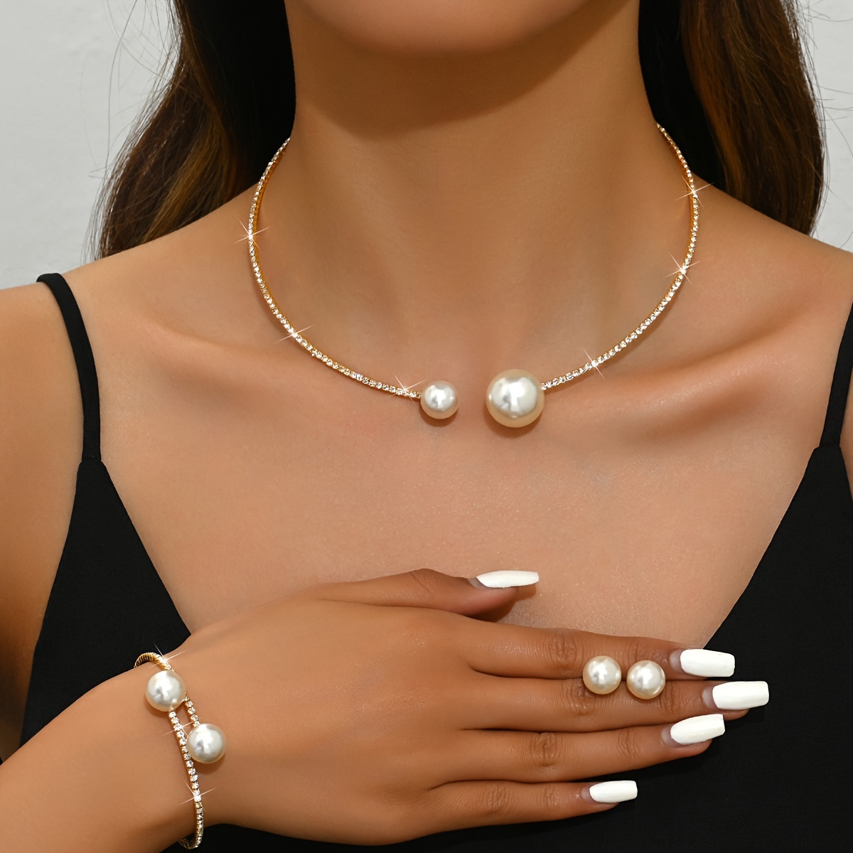 TEMU Pendientes y pulsera con cuello sexy, elegantes y a , con de perlas, perfectos para promesas y fiestas