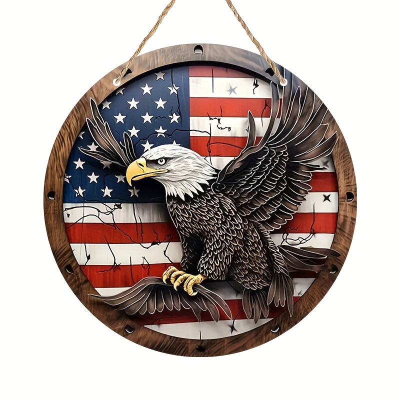 

1pc 8-inch Round Rustic Wooden American Flag Sign With 3d Eagle, 4th Independence Day Wreath, Traditional Style Home & Outdoor Decor, Ideal Gift