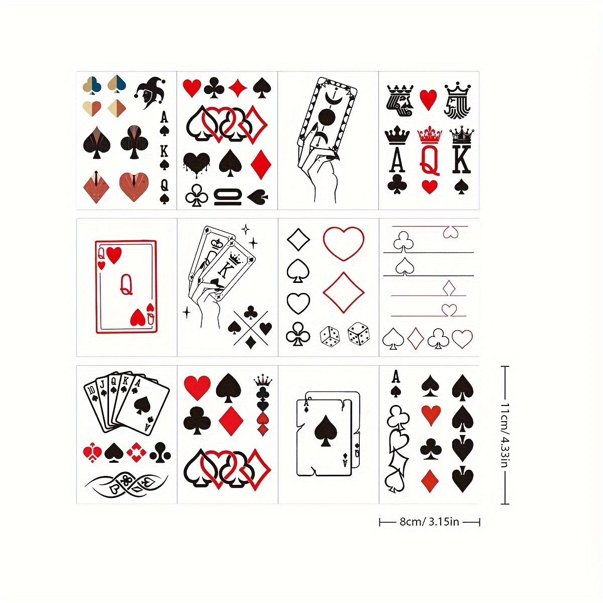 12pcs Tattoo Sticker Set With Poker Element Finger Wrist Arm Back Body Temporary Tattoos Waterproof Decals