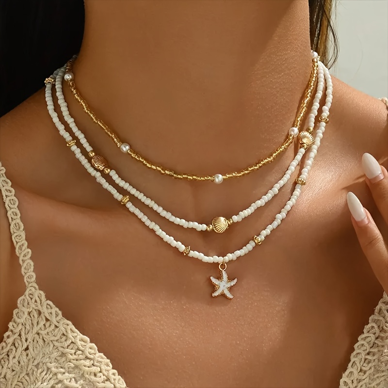 3pcs Layered Necklace Set for Women - Seaside Shell Pendant, Glass Bead Choker Golden