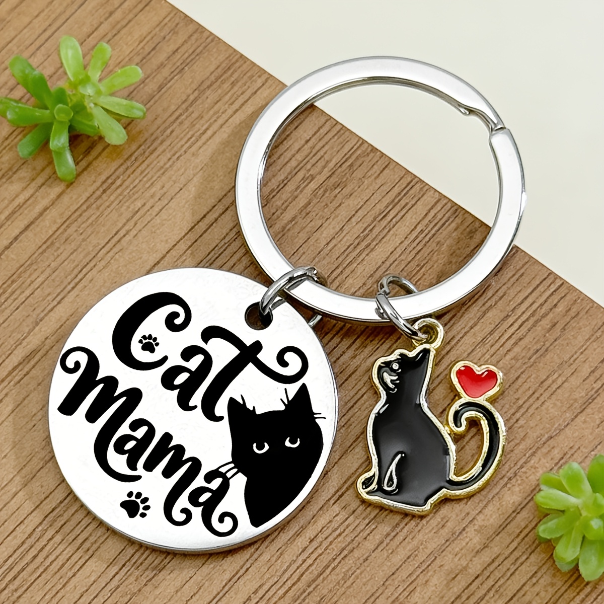 Black For Cat & Heart Charm Keychain | " For Cat Mama" Engraved Metal Key Ring, 201 Stainless Steel, Ideal Gift For Cat Moms & Pet Lovers