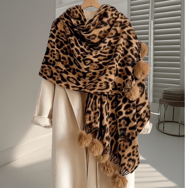 TEMU 1pc Double-faced Leopard Print Pom-pom Cashmere Scarf, Thickened Warm -friendly For Autumn Winter Date Travel, Women's -match Tassel Shawl Neck