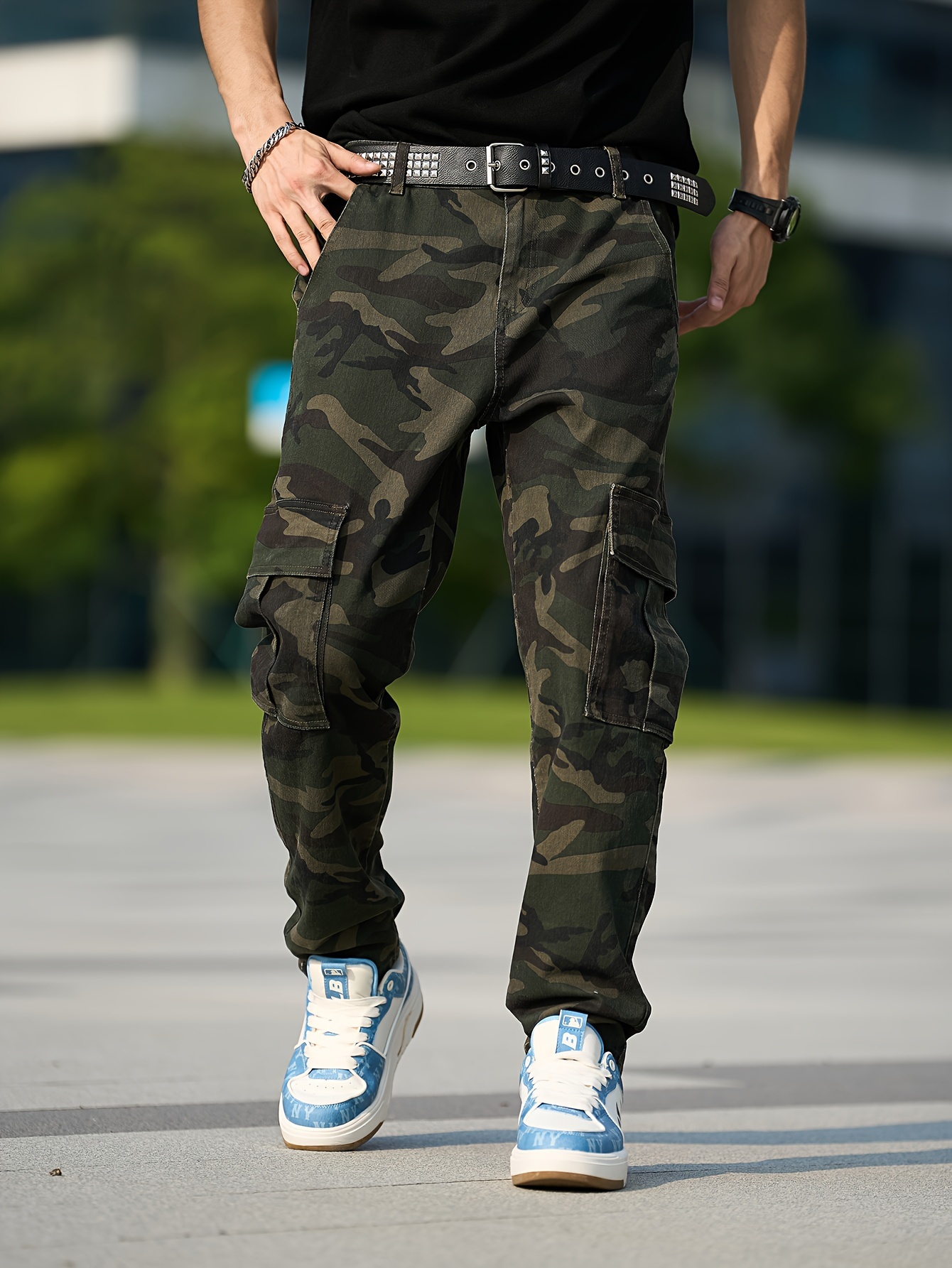Men'S Plus Size Camo Cargo Jeans with Pockets - Stretch Denim, Slim Fit, Casual Style for Spring/Summer/Fall, Olive Green Denim, Skinny Fit Jeans, PLUS SIZE