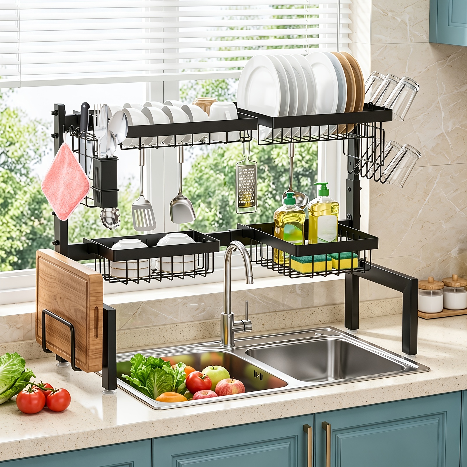 TEMU Égouttoir à vaisselle rétractable à 2 niveaux, étagère d'évier de cuisine, égouttoir au-dessus du drain, égouttoir multifonctionnel, de charge