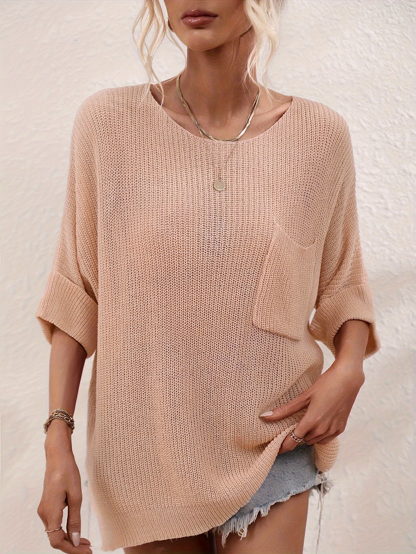 solid chest pocket oversized knitted pullover casual long sleeve loose sweater womens clothing