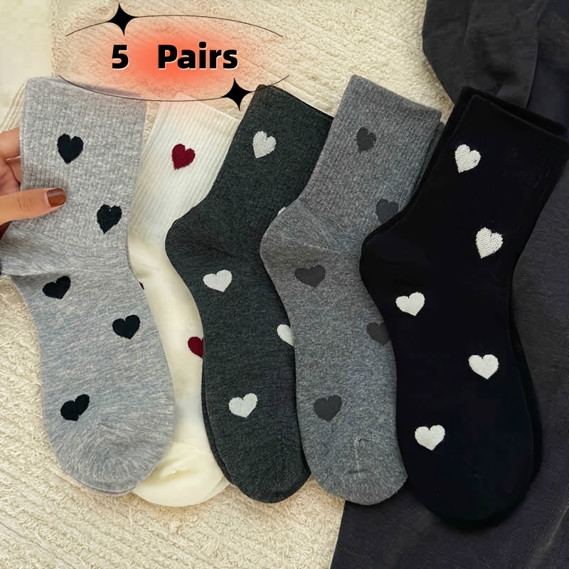 TEMU 5-pair Mixed Pack Autumn/winter Socks, Solid Color Women's Mid-calf Socks, Ladies' Heart-patterned Long Socks, Fashionable, Warm, Comfortable,