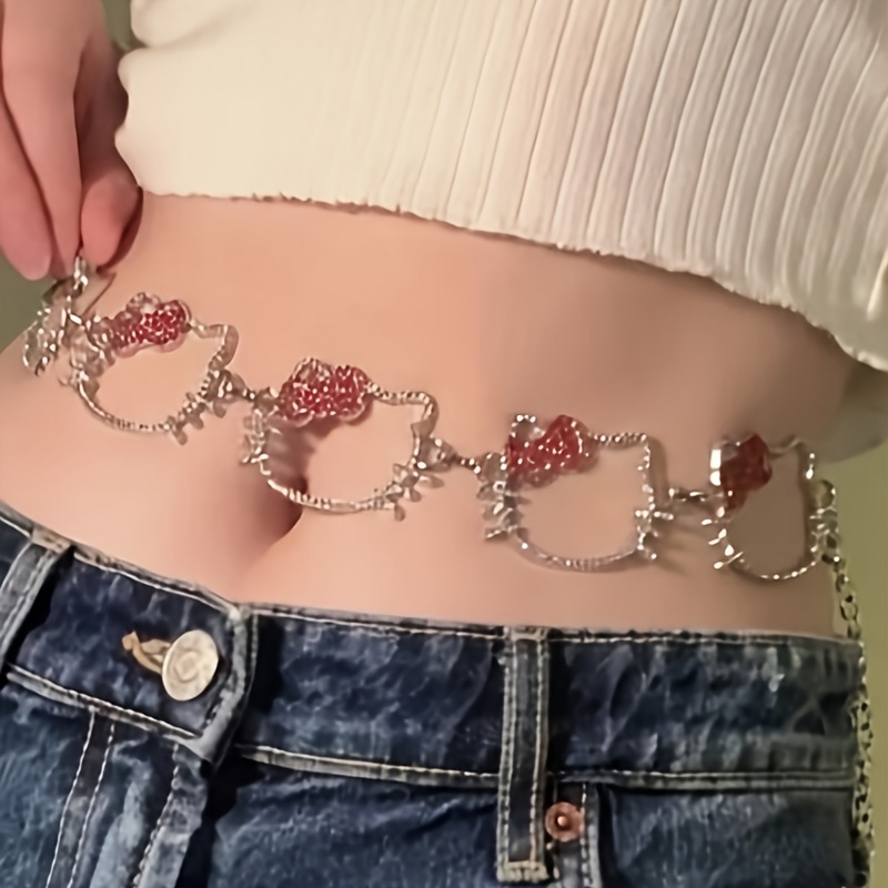 Image of 1pc Hello Kitty Women's Y2k Shiny Waist Belt, Decorated With Heart-shaped Hollow And Hello Kitty Face Pendant, Adjustable Chain, Handwash, Christmas/halloween Gift (standard Size)